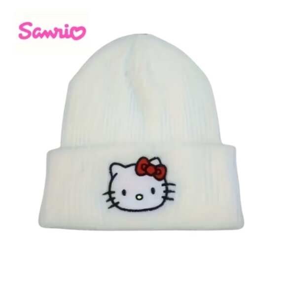 Hello Kitty Embroidered Ladies Winter White Beanie Hat With Cuff NWT - Picture 2 of 6